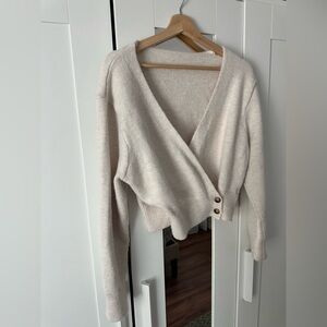 SHEIN Wrap Top Cropped V-Neck Sweater in Cream with Button Detail Women’s Medium